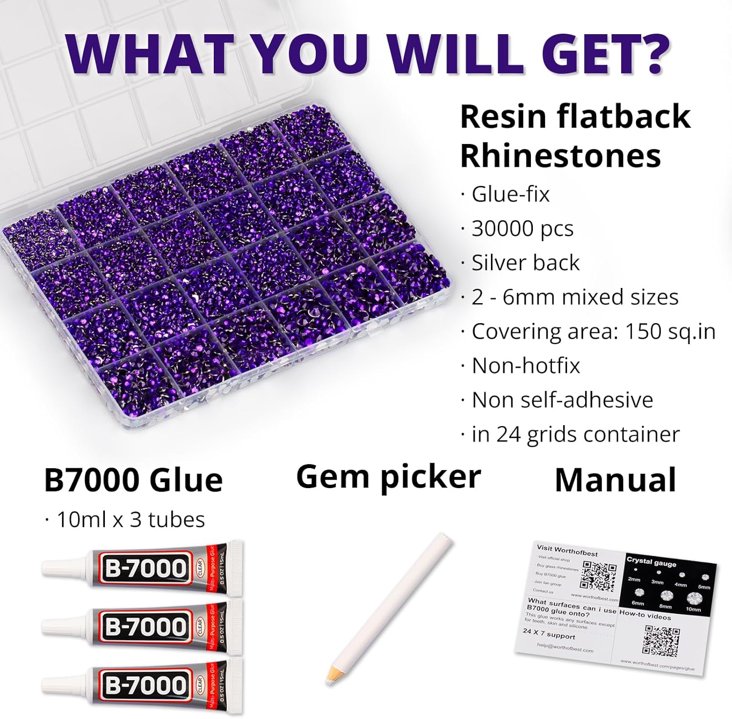 30000Pcs Resin Rhinestones for Crafting Bedazzling, Purple Flatback Gems Crystal for Crafts Clothing Clothes Shoes Fabric Tumbler Tshirt, Flat Back Jewels Bulk Multisized with b7000 Glue-FemmiqueWomen
