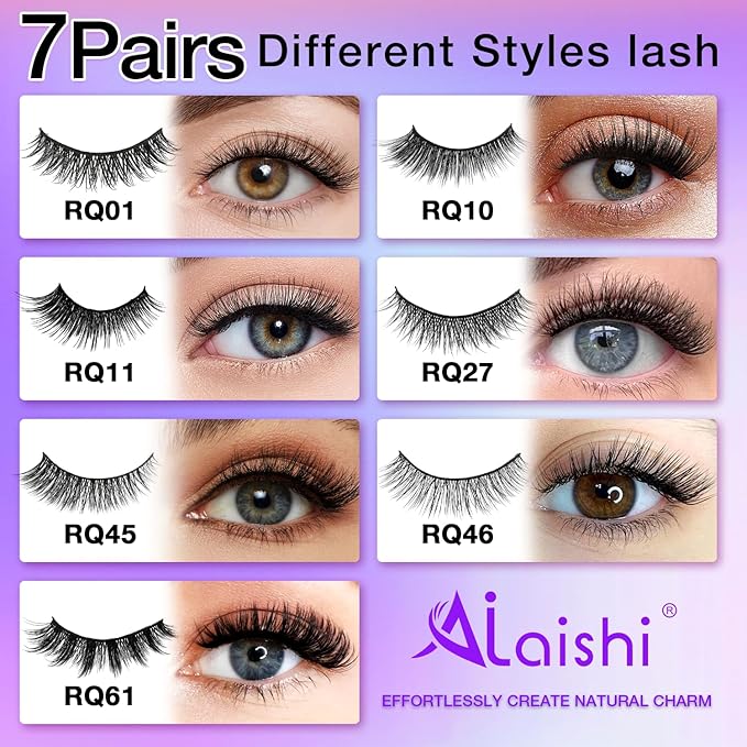 Wispy False Eyelashes Kit With Bond, Seal and Tweezer, 7 Pairs Natural Look Fake Cat Eye Lashes Strips Thin Band Extensions Waterproof Easy Eyelashes for Beginners RQ7Variety Mix-FemmiqueWomen