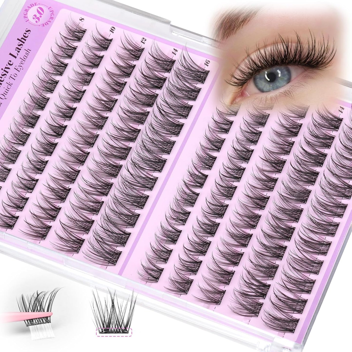 Yawamica Self Adhesive Eyelashes Wispy Lash Clusters No Glue Needed DIY Lash Extension 8-16mm Pre-Glued Eyelash Clusters Reusable Press on Lashes Natural C Curl Individual Lashes DIY Lash for Beginner-FemmiqueWomen