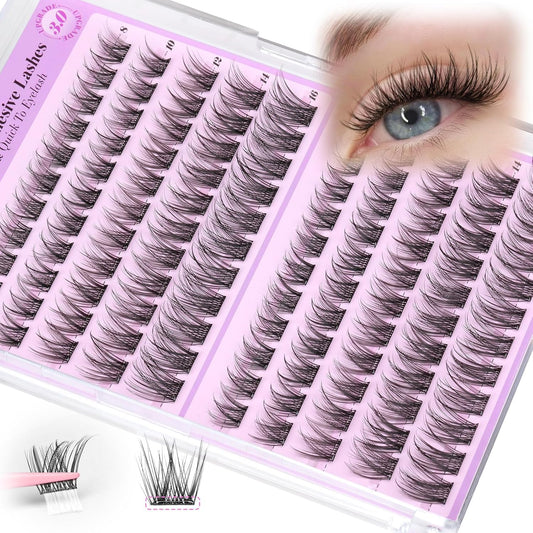 Yawamica Self Adhesive Eyelashes Wispy Lash Clusters No Glue Needed DIY Lash Extension 8-16mm Pre-Glued Eyelash Clusters Reusable Press on Lashes Natural C Curl Individual Lashes DIY Lash for Beginner-FemmiqueWomen