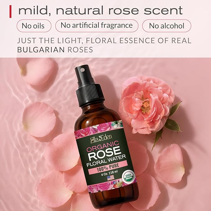 Ella & Eden Organic Rose Water Spray for Face, Hair 4 Fl Oz | USDA Certified 100% Pure Steam Distilled Hexane-Free | Hydrating, Refreshing Facial Mist for All Skin Types-FemmiqueWomen