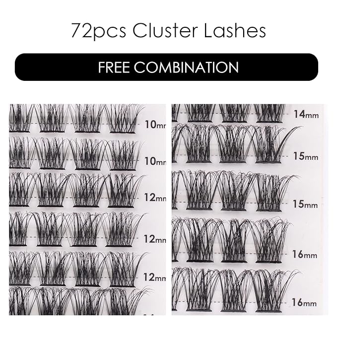 Cluster Lashes 72 Individual Lashes Clusters Eyelash Extensions False Eyelashes DIY Lash Extension Kit Reusable False Eyelashes Natural Look Mix 10-16mm C D Curl-DM17-FemmiqueWomen
