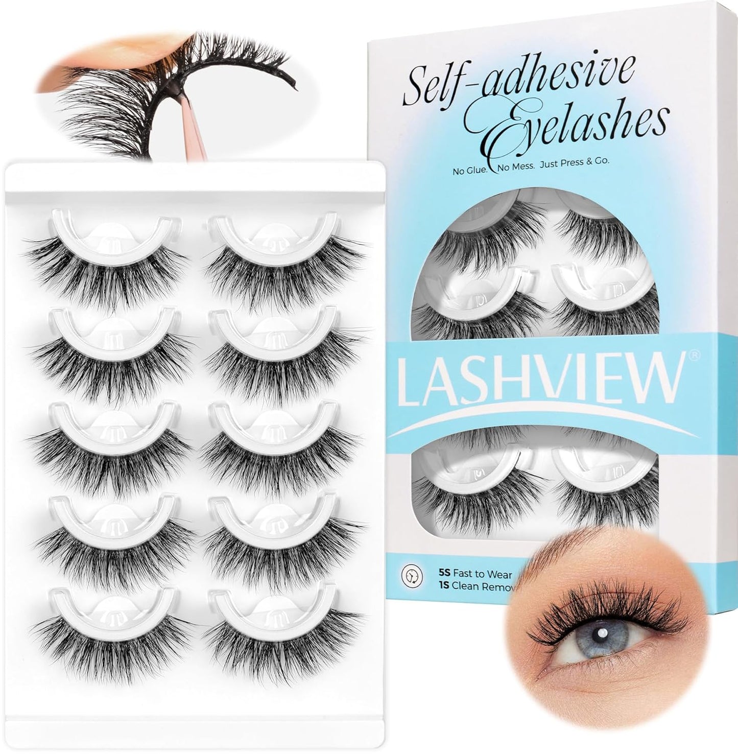 LASHVIEW Self Adhesive Eyelashes 5 Pairs Cat Eye Wispy Self-adhesive False Lashes Reusable Natural Look Press On Lashes No Glue Need Eyelashes with Replacement Adhesive Strips (CV130)-FemmiqueWomen