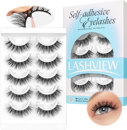 LASHVIEW Self Adhesive Eyelashes 5 Pairs Cat Eye Wispy Self-adhesive False Lashes Reusable Natural Look Press On Lashes No Glue Need Eyelashes with Replacement Adhesive Strips (CV130)-FemmiqueWomen