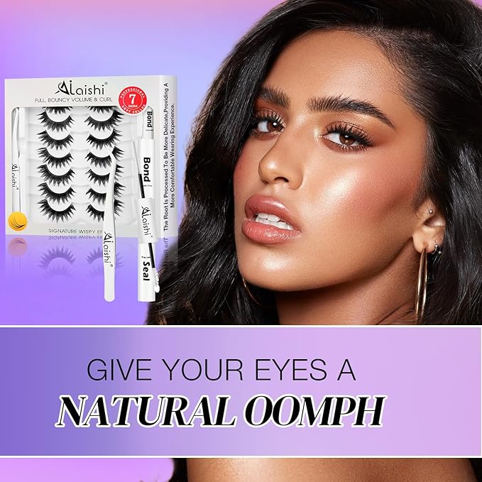 False Eyelashes Kit With Bond, Seal and Tweezer, 7 Pairs Fluffy Natural Look Fake Cat Eye Lashes Strips Thin Band Extensions Waterproof Easy Eyelashes for Beginners DF64-FemmiqueWomen