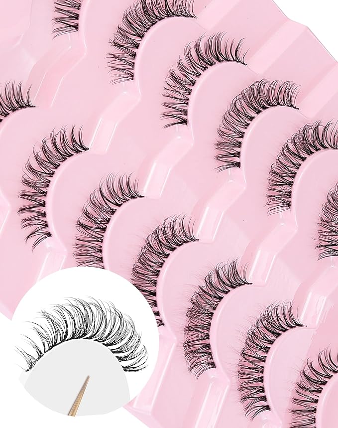 Short Strip Lashes Natural Eyelashes Wispy Lashes Fluffy Mink Lashes C Curl Eye Lashes Soft Small False Eyelashes Demi Wispies Eyelashes 7 Pairs-FemmiqueWomen