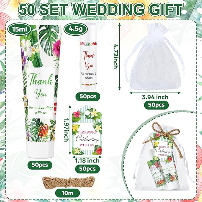 200 Pcs Baby Shower Wedding Party Favors Gift Set, 50 Pcs Baby Shower Hand Cream and 50 Lip Balm for Wedding Bridesmaid Guests Gift Supplies with 50 Organza Bag 50 Thank You Tag(Tropical)-FemmiqueWomen