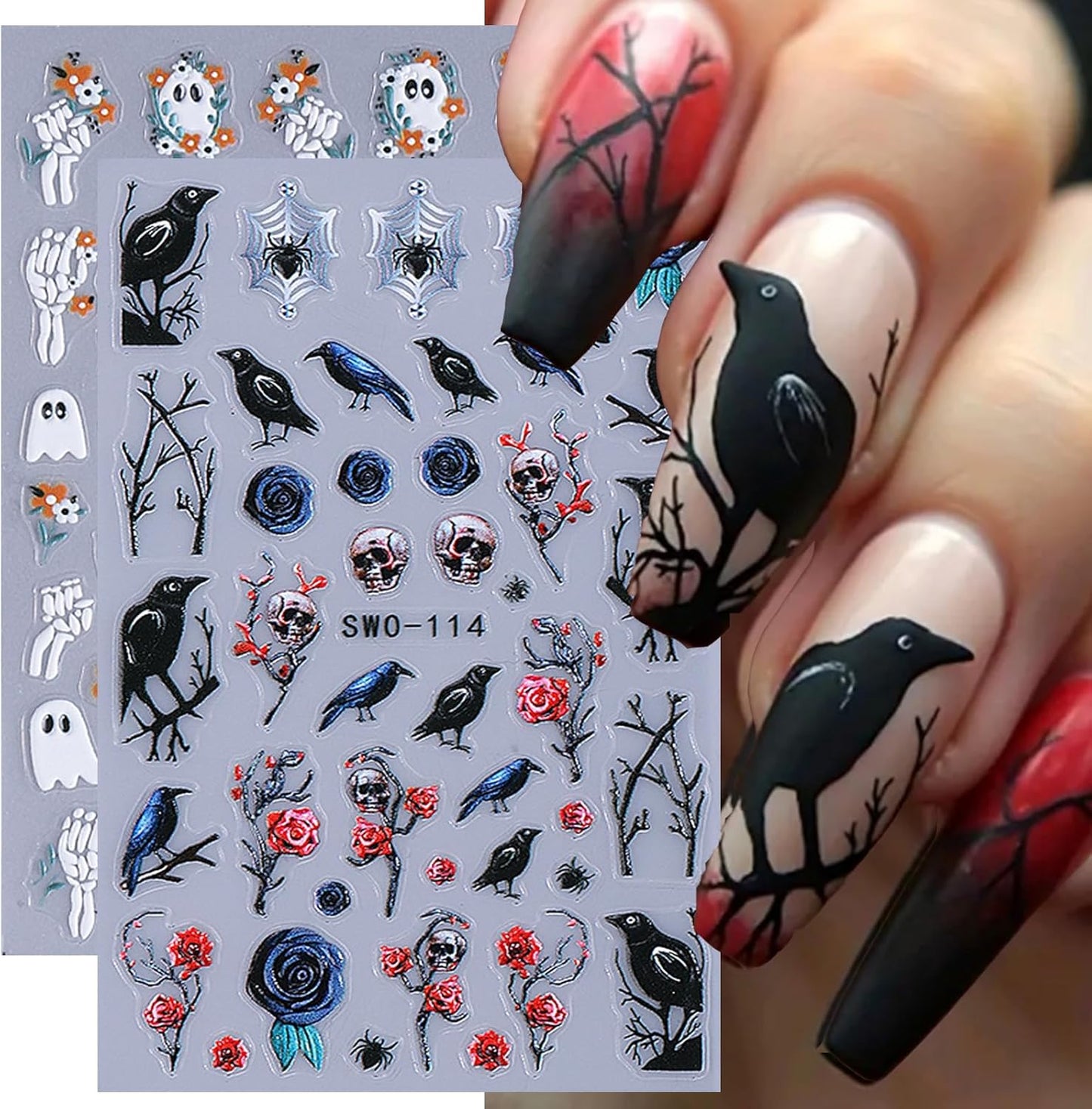 2 Sheets Halloween Nail Art Stickers Decals 5D Embossed Skeleton Rose Nail Decals Black Birds White Ghost Flower Skull Rose Design Halloween Nail Stickers Manicure Accessories for Women Nail Art Decor-FemmiqueWomen