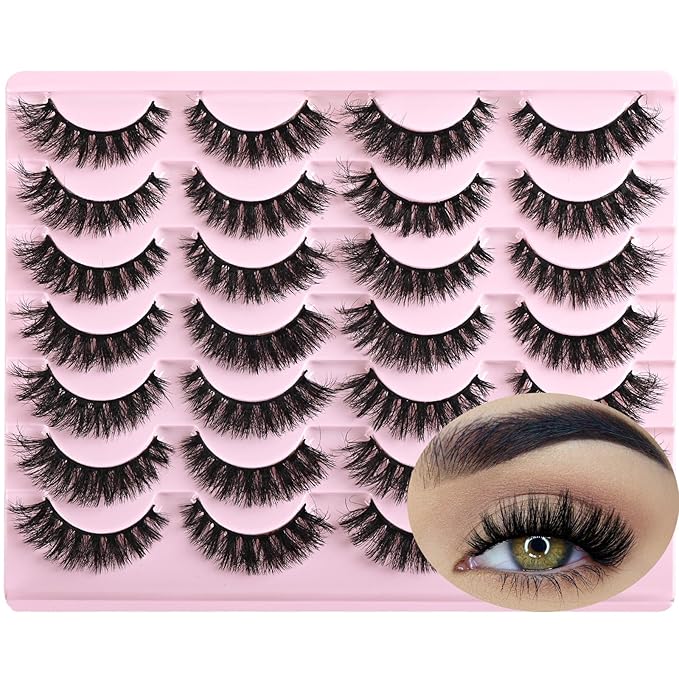 FARRED Wispy Mink Lashes Fluffy False Eyelashes 14 Pairs Fake Eyelashes Natural Look Short Natural Lashes Cat Eye Lash Wispy Volume Eyelash Faux Mink Strip Lashes Pack for Daily Makeup (F19 | 6-13 mm)-FemmiqueWomen