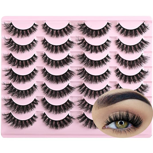 FARRED Wispy Mink Lashes Fluffy False Eyelashes 14 Pairs Fake Eyelashes Natural Look Short Natural Lashes Cat Eye Lash Wispy Volume Eyelash Faux Mink Strip Lashes Pack for Daily Makeup (F19 | 6-13 mm)-FemmiqueWomen
