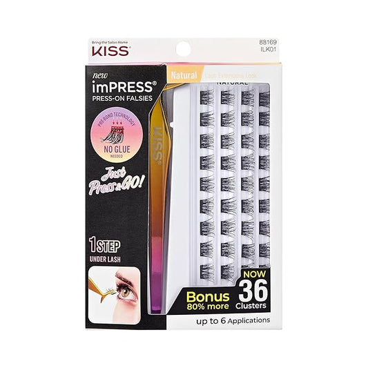 KISS imPRESS Falsies Press On Self Adhesive Eyelashes, 12mm-14mm Natural Volume Press On Lashes, Black, No Glue Needed, Invisible Band, 20 Lash Clusters & Non-Stick Applicator - Natural-FemmiqueWomen
