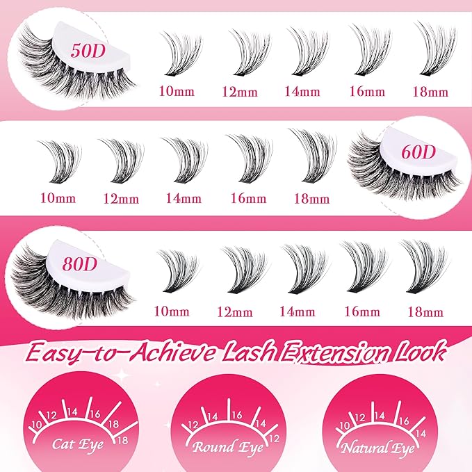 Lash Clusters 600PCS - Eyelash Clusters 20D+30D+40D+50D+60D+80D Wispy Individual Lashes D Curl Lash Extension 10-18MM Natural Lash Clusters DIY Cluster Eyelash Extensions for Beginners-FemmiqueWomen