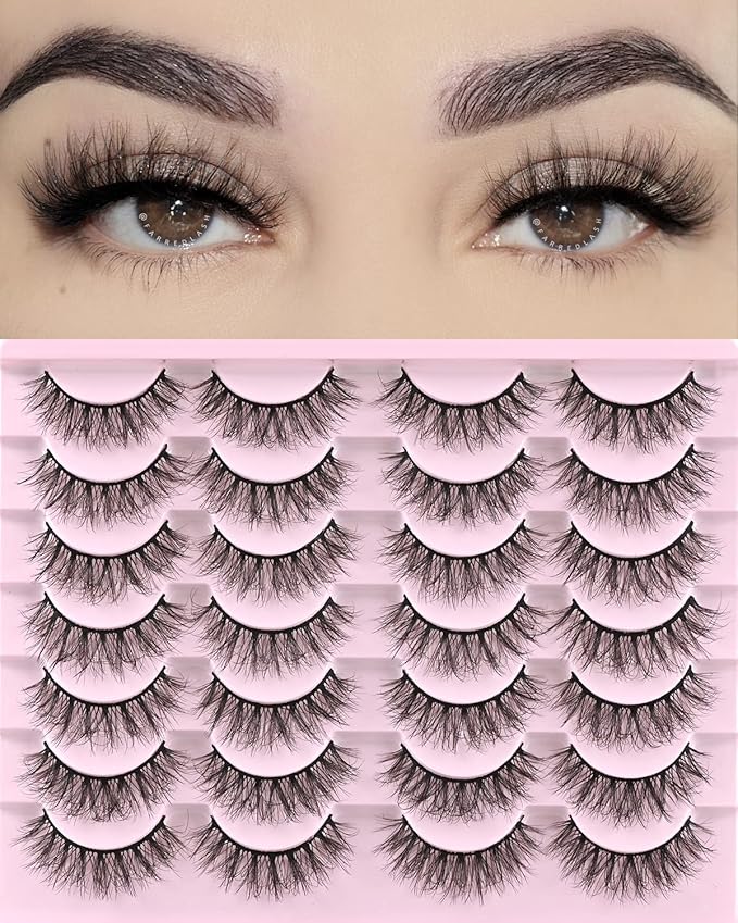 FARRED Natural Lashes Short Eyelashes Wispy False Mink Lash Pack 14 Pair Natural Look Fluffy Doll Eyelash Small Fake Strip Lashes Full Pestañas Sets for MUA and Beginners Daily Makeup (F3 | 8-16mm)-FemmiqueWomen