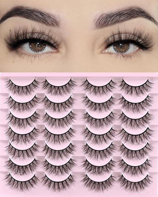 FARRED Natural Lashes Short Eyelashes Wispy False Mink Lash Pack 14 Pair Natural Look Fluffy Doll Eyelash Small Fake Strip Lashes Full Pestañas Sets for MUA and Beginners Daily Makeup (F3 | 8-16mm)-FemmiqueWomen