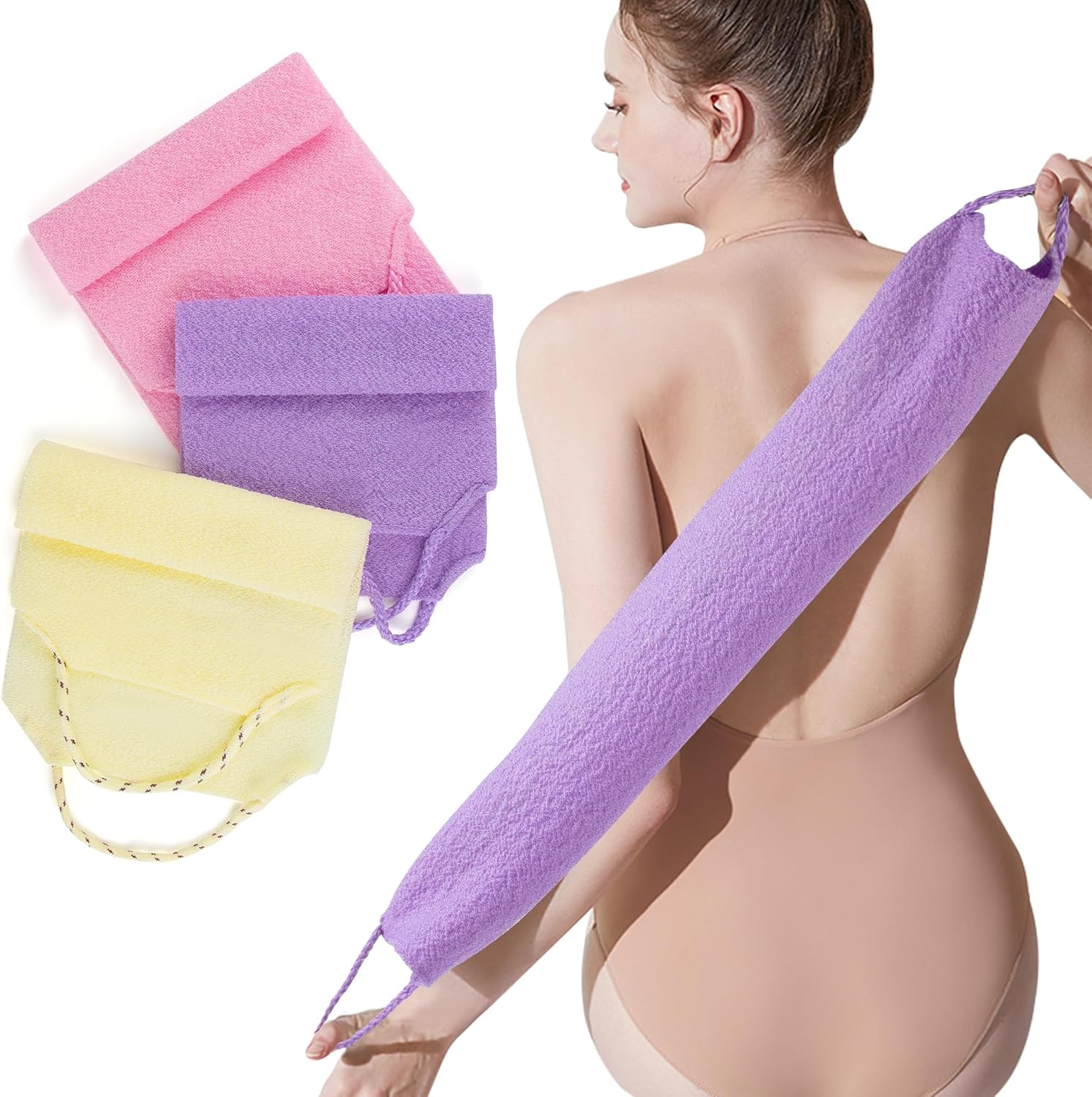 3 Pcs Double-Sided Back Exfoliator Body Scrub Towel, Exfoliating Back Scrubber with Handles,Exfoliating Washcloth Bath Tool in Shower, Stretchable Back Washer to Deep Cleans Skin (Beige,Pink,Purple)-FemmiqueWomen