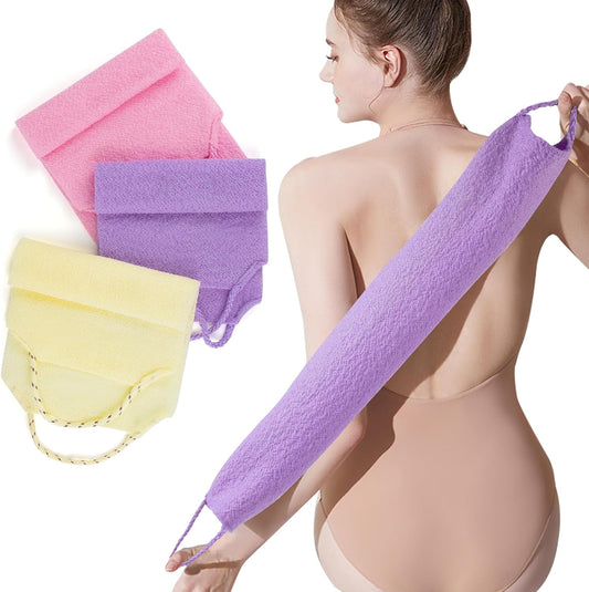 3 Pcs Double-Sided Back Exfoliator Body Scrub Towel, Exfoliating Back Scrubber with Handles,Exfoliating Washcloth Bath Tool in Shower, Stretchable Back Washer to Deep Cleans Skin (Beige,Pink,Purple)-FemmiqueWomen
