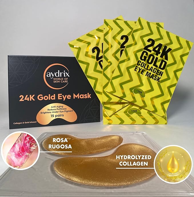 24K Gold Under Eye Mask Treatment - Corrects Puffy Eyes, Dark Circles - Reduces Wrinkles, Fine Lines and Hydrates Your Skin - 15 Golden Eye Mask Pairs-FemmiqueWomen