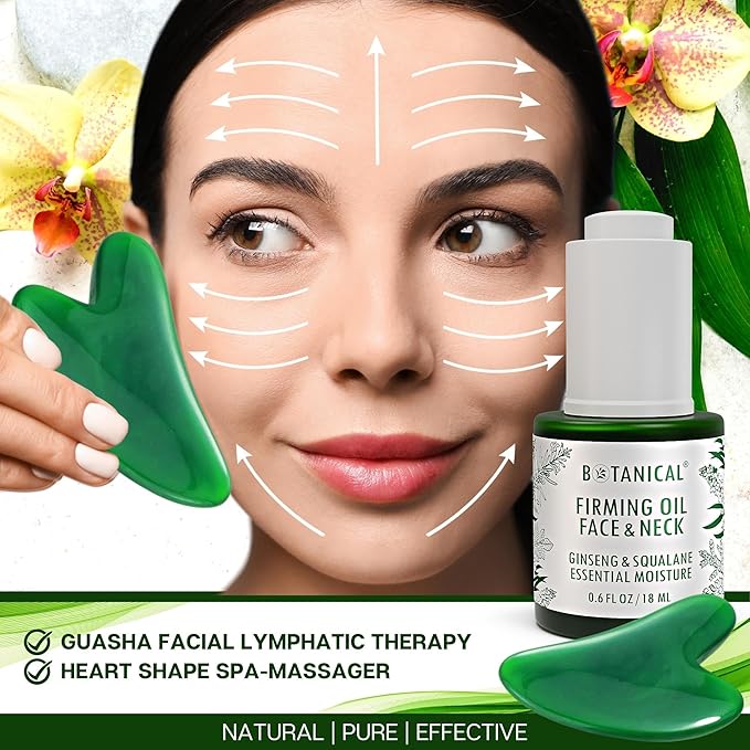 Botanical Face & Neck Firming Oil | Anti-Wrinkle Ginseng & Squalane Serum w/Gua Sha Lift Scraper | Organic, Pure, Natural Skincare (0.6 fl oz | 18 ml)-FemmiqueWomen