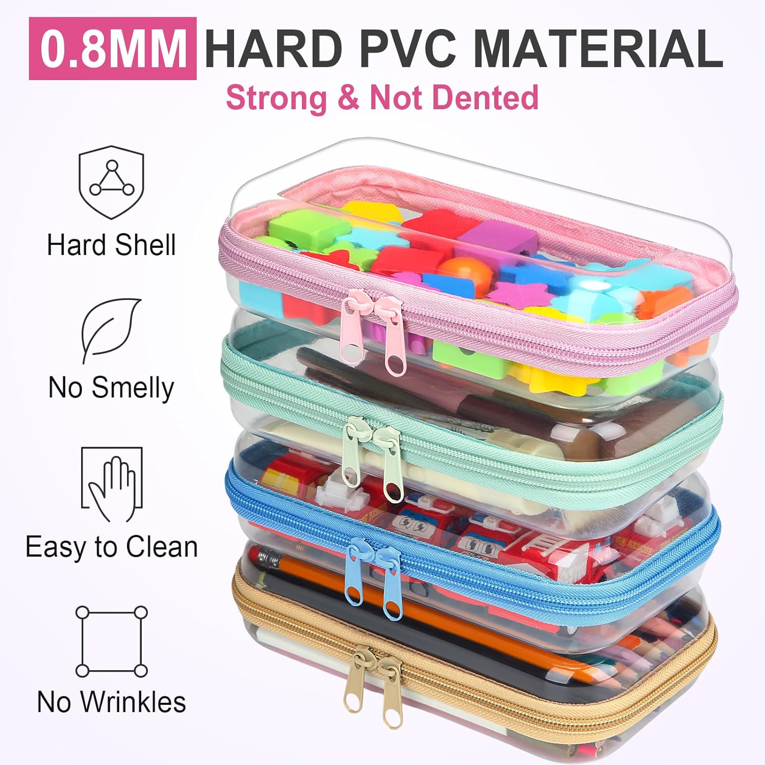 Hoolerry 4 Pcs Hard Clear Zipper Case Makeup Bags Plastic Pencil Pouch Transparent Storage Box Containers for Cosmetics, Snacks, Building Blocks, Puzzles(Soft Colors,7.5 x 3.9 x 2 in)-FemmiqueWomen