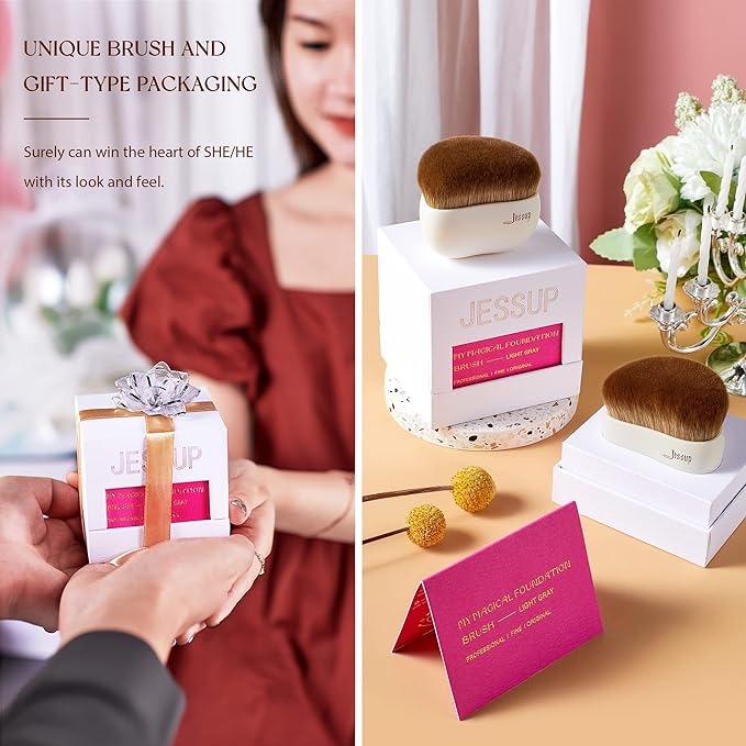 Jessup Makeup Brush, Foundation Brush Flat Top Kabuki Brush for Face Blush Liquid Powder Foundation Brush for Blending Buffing Stippling with Gift Box, Light Gray SF002-FemmiqueWomen