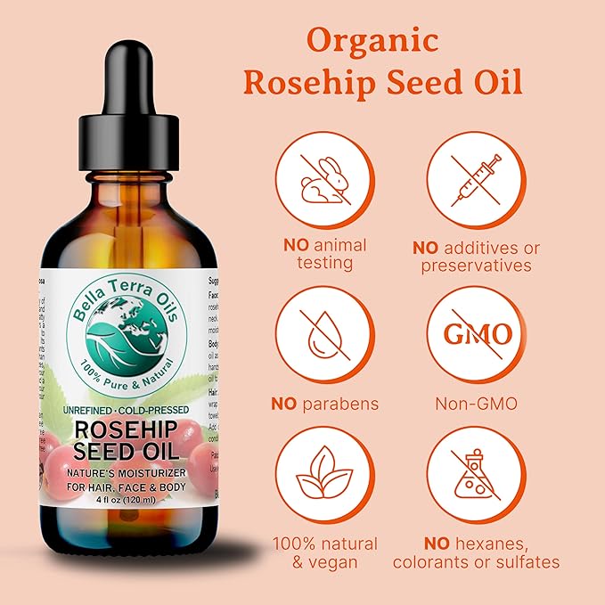 Bella Terra Oils - Organic Rosehip Facial Oil 8 oz - Dive into Organic Rosehip's Essential Fatty Acids & Antioxidants, Infused with Vitamin F, Elevate Daily Face Rituals-FemmiqueWomen