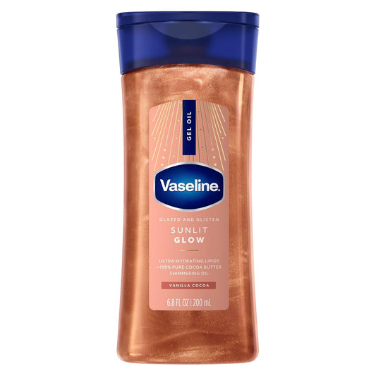 Vaseline Glazed and Glisten Sunlit Glow Body Gel Oil Vanilla Cocoa Shimmering with Ultra-Hydrating Lipids and 100% Pure Cocoa Butter, 6.8 Oz-FemmiqueWomen