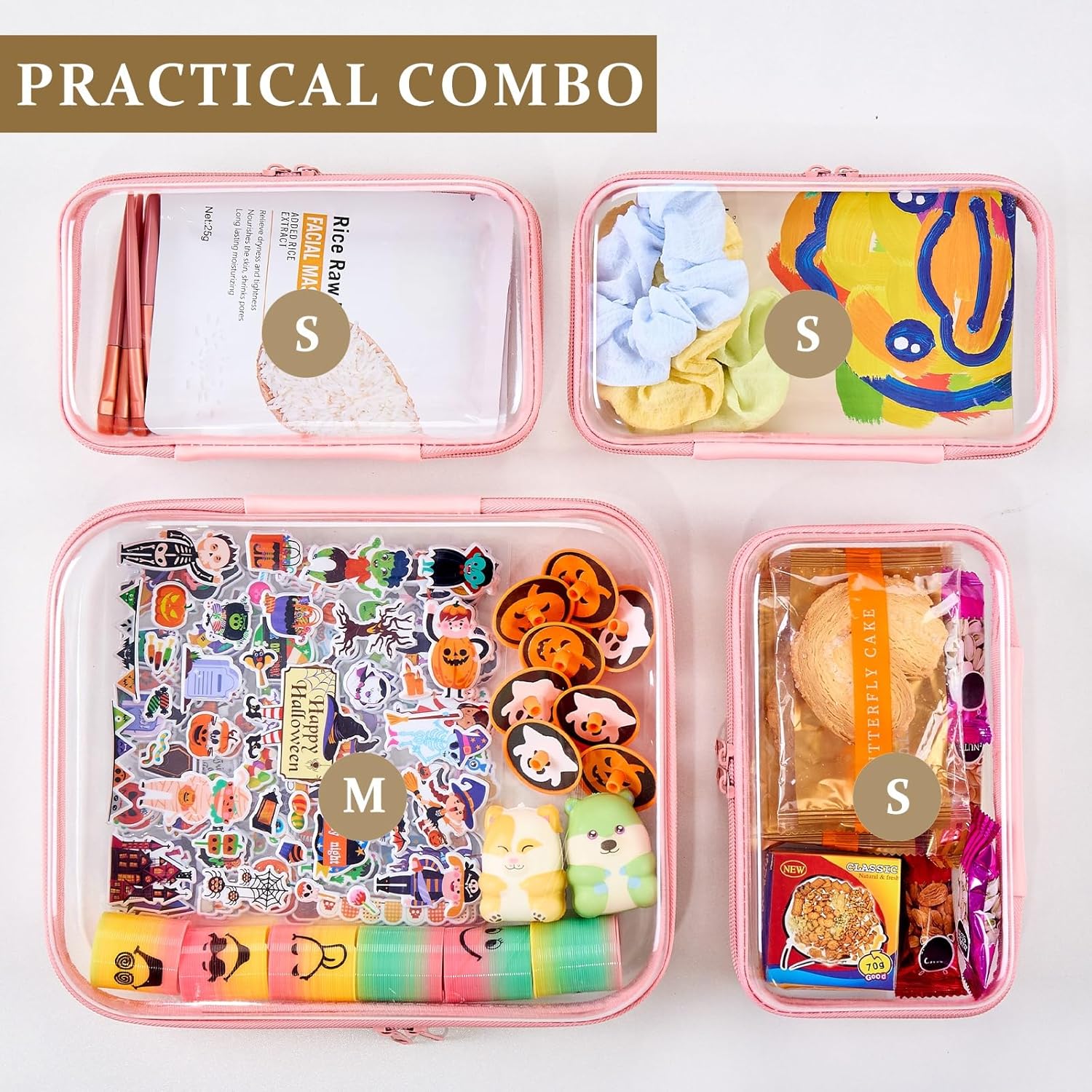 4 pcs Clear Zipper Pouches,Hard Shell Zipper Case, Toiletry Bag for Travel, CLear Diaper Bag, Toiletry Pouch, Travel Organizer, Clear Cosmetic Bag,Toy Storage Bins (M+3S) (Light Pink)-FemmiqueWomen