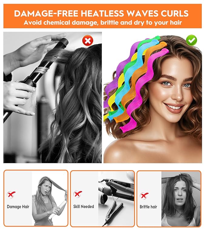 30 Pcs Heatless Hair Curlers Wave Curls Styling Kit with 2 Pcs Styling Hooks, No Heat Hair Curlers Heatless Wave Curlers for Women Girls Long Medium Short Hair (6 Colors, 30 cm/11.81 inch)-FemmiqueWomen