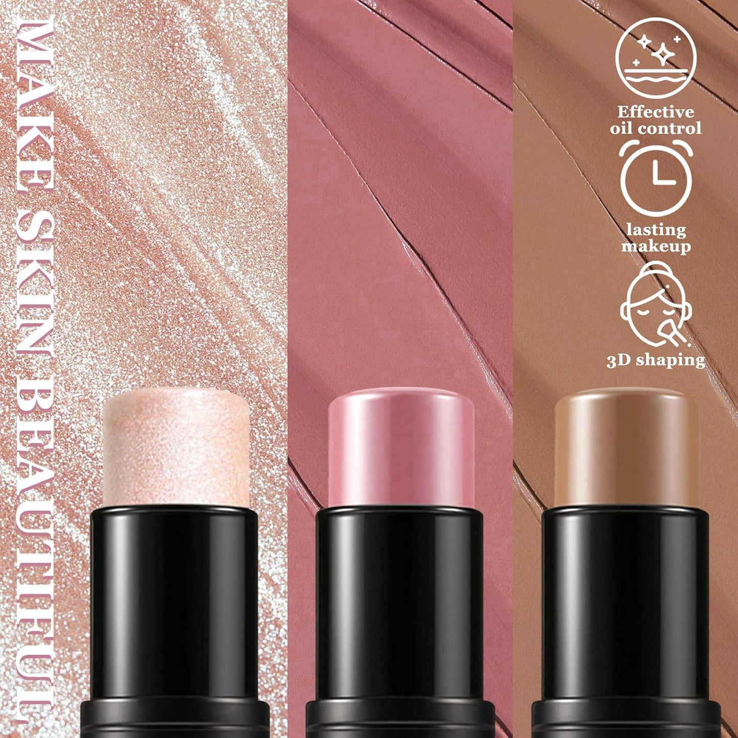 3Pcs Cream Contour Stick Makeup Kit with Makeup Brush,Shades with Highlighter,Brush Stick,Cream Bronzer for Sculpt the Cheeks,Long-lasting Waterproof Lightweight Contour Set-FemmiqueWomen