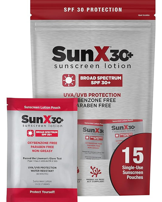 CoreTex Sun X 30+ SPF Broad Spectrum Sunscreen Packets with Resealable Travel Bag - Pack of 15 Paraben, Oxybenzone, Octinoxate, & Oil Free Sunscreen - Water & Sweat Resistant Up to 80 Minutes-FemmiqueWomen