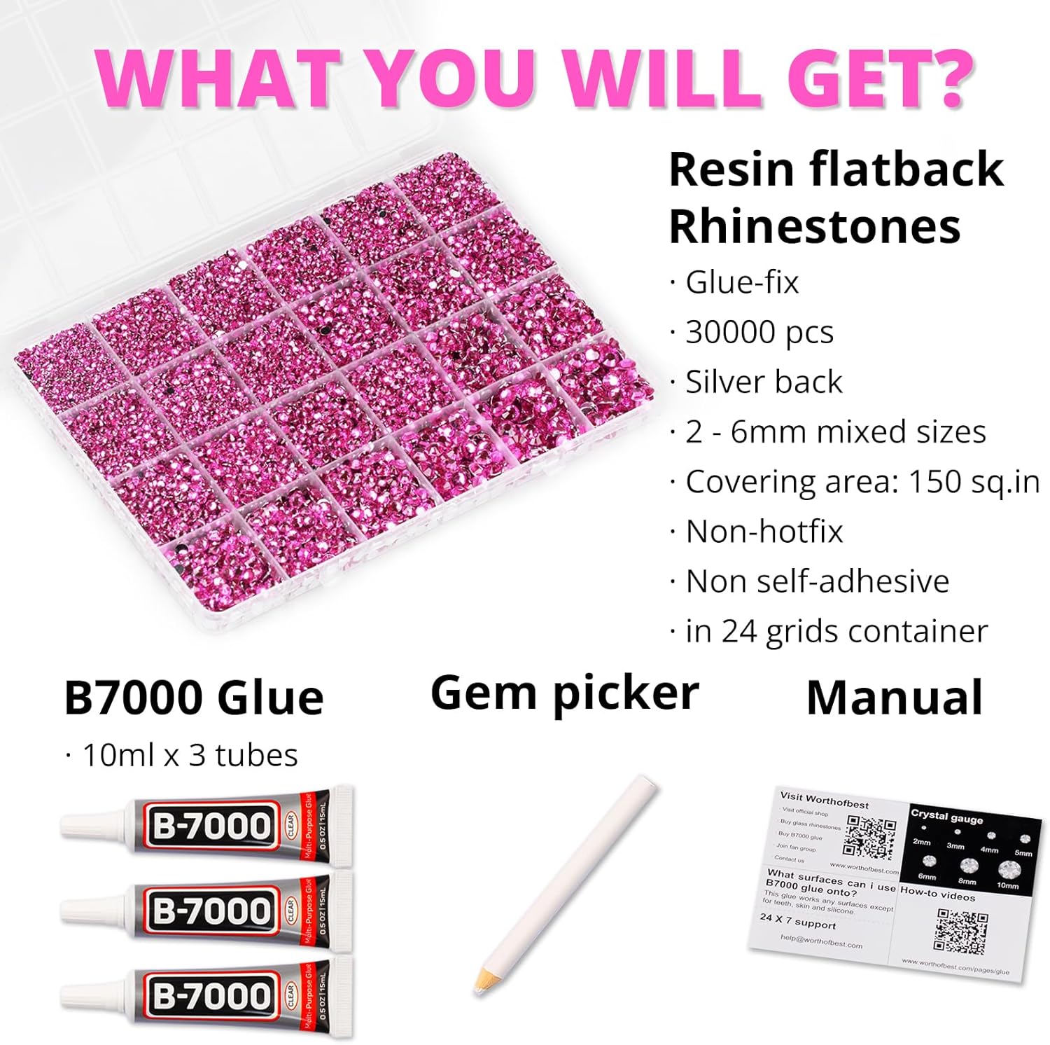 30000Pcs Resin Rhinestones Set for Crafting Bedazzling, Hot Pink Flatback Gems Jewels Crystals for Crafts Clothes Shoes Fabric Shirts Tumblers Cups, Flat Back Bedazzler Kit with b 7000 Glue-FemmiqueWomen