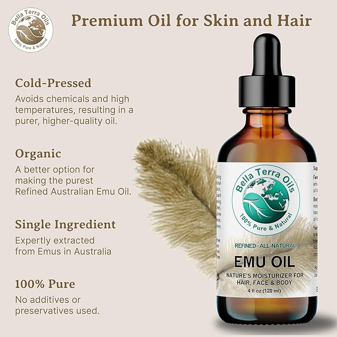 Bella Terra Oils - Emu Oil 4 oz - Genuine Pure Australian Emu, Infused with Linoleic & Oleic Acid, Perfect Companion for Lustrous Skin-FemmiqueWomen