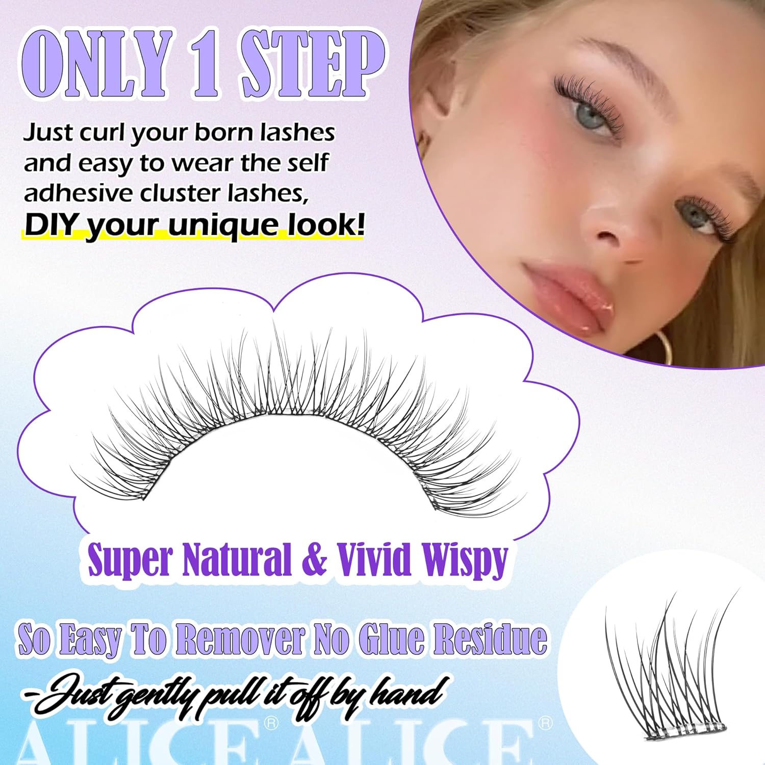 ALICE Self Adhesive Eyelashes Natural Self Adhesive Lash Clusters No Glue Needed Wispy Reusable Press on Lashes Pre-Glue 10-12mm 120pcs DIY Eyelash Extensions-FemmiqueWomen