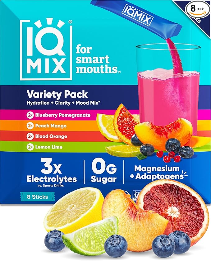 IQMIX Hydration Electrolyte Powder – 4-in-1 Formula for Hydration, Mental Clarity, Mood and Recovery – Sugar-Free Drink Mix, Keto, Magnesium L-Threonate, Lion’s Mane – 8 Count Sampler Pack-FemmiqueWomen