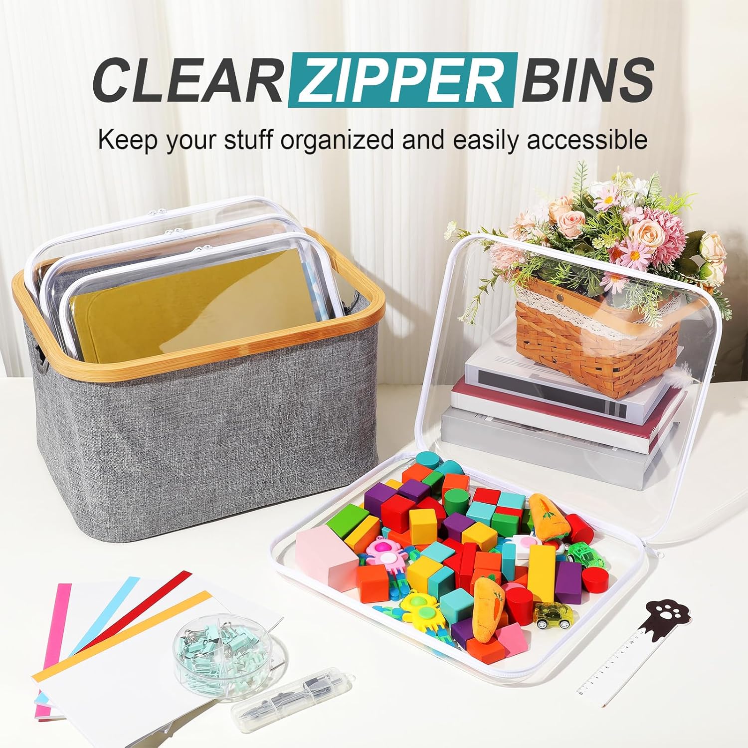 Hoolerry 4 Pcs Hard Clear Zipper Case Makeup Bags Plastic Pencil Pouch Transparent Storage Box Containers for Cosmetics, Snacks, Building Blocks, Puzzles(White,13.8 x 11.8 x 2 in)-FemmiqueWomen