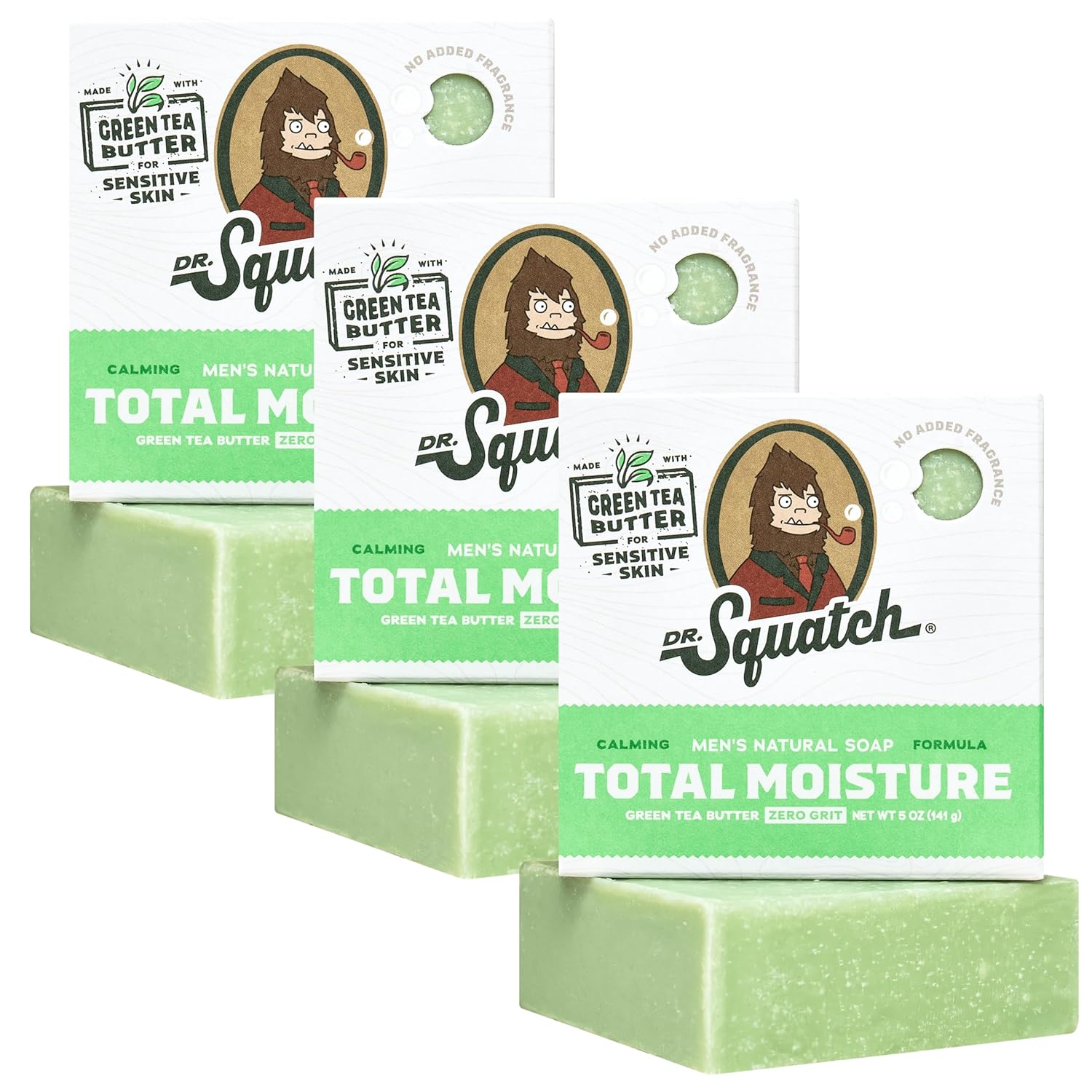 Dr. Squatch NEW Total Moisture Bar Soap for Men - No Added Fragrance Formulated for Sensitive Skin - Green Tea Butter (5 oz, 3-pack)-FemmiqueWomen