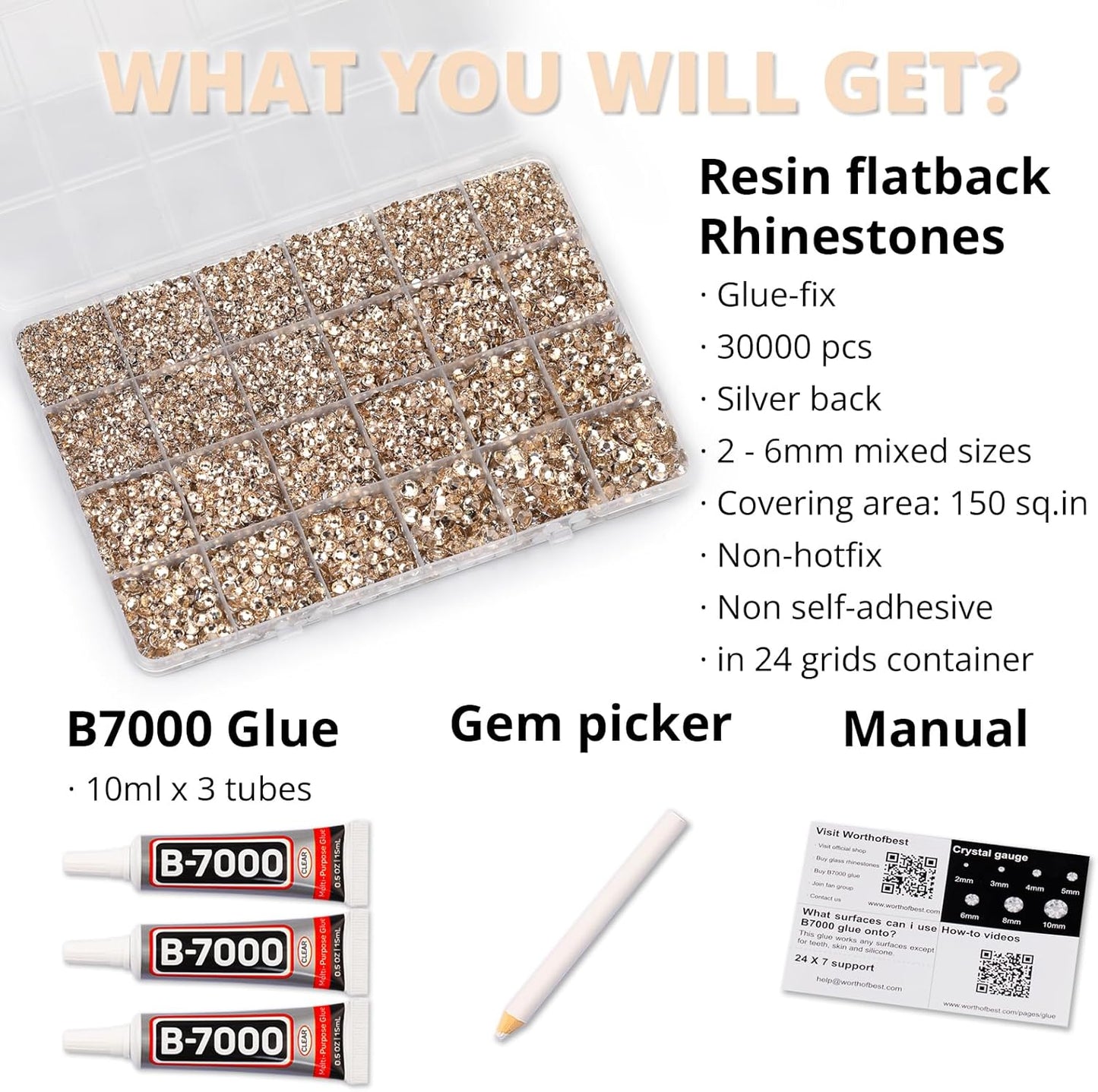 30000Pcs Resin Rhinestones Set for Crafting Bedazzling, Champagne Flatback Gems Jewels for Crafts Clothes Shoes Fabric Outfit Nails Makeup, Flat Back Crystal 2-6mm with b 7000 Glue-FemmiqueWomen
