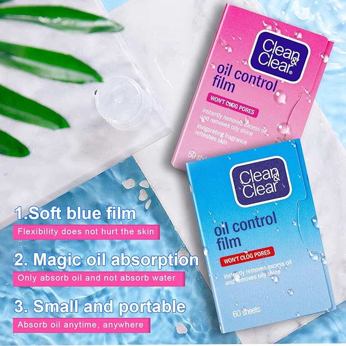 Oil Absorbing Tissues Oil Control Film, Oil Blotting Paper Same Series with Clean & Clear Oil Absorbing Facial Sheets for Oily Skin, 60 sheets Blue + 50 sheets Pink-FemmiqueWomen