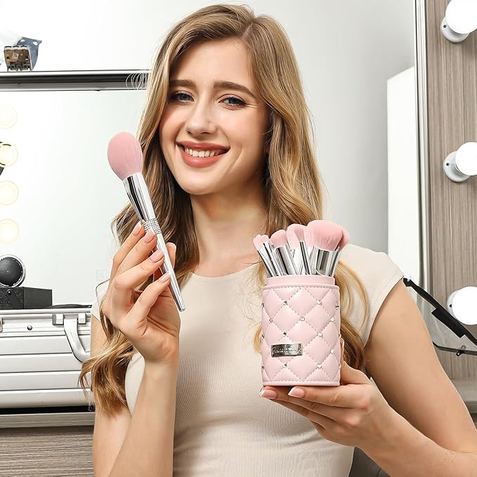 Bueart Design Elegant pink Ultra soft labeled Makeup Brushes Sets with Brush Holder makeup brush set with Foundation Powder blush blending contour Brush (15Pcs Silver Pink+Holder)-FemmiqueWomen