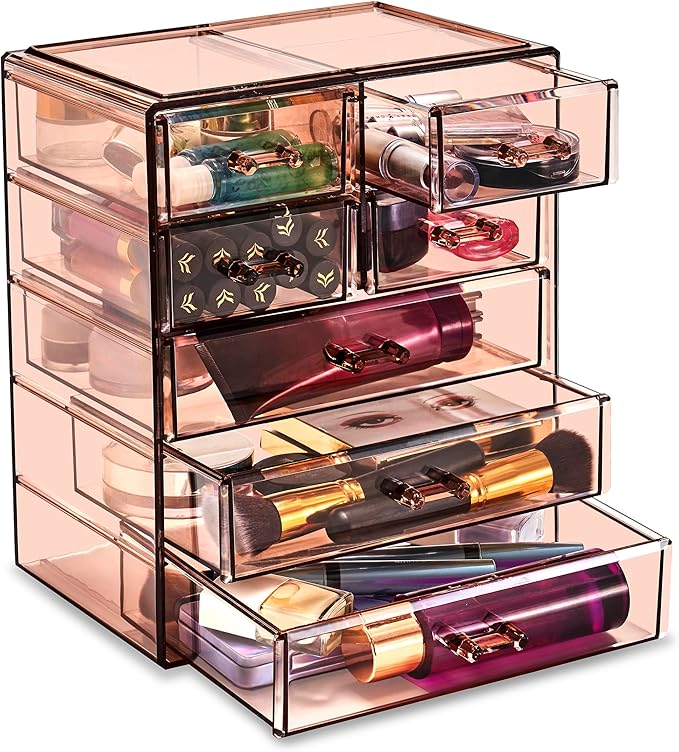 Sorbus Acrylic Clear Makeup Organizer - Big & Spacious Cosmetic Display Case - Stylish Designed Jewelry & Make Up Organizers and Storage for Vanity, Bathroom (4 Large, 2 Small Drawers) [Bronze Glow]-FemmiqueWomen