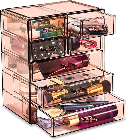 Sorbus Acrylic Clear Makeup Organizer - Big & Spacious Cosmetic Display Case - Stylish Designed Jewelry & Make Up Organizers and Storage for Vanity, Bathroom (4 Large, 2 Small Drawers) [Bronze Glow]-FemmiqueWomen