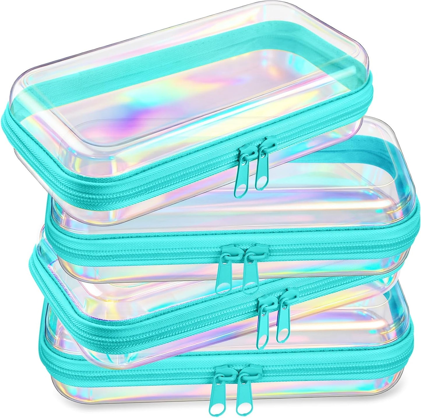 Hoolerry 4 Pcs Hard Clear Zipper Case Makeup Bags Plastic Pencil Pouch Transparent Storage Box Containers for Cosmetics, Snacks, Building Blocks, Puzzles(Blue Laser,7.5 x 3.9 x 2 in)-FemmiqueWomen