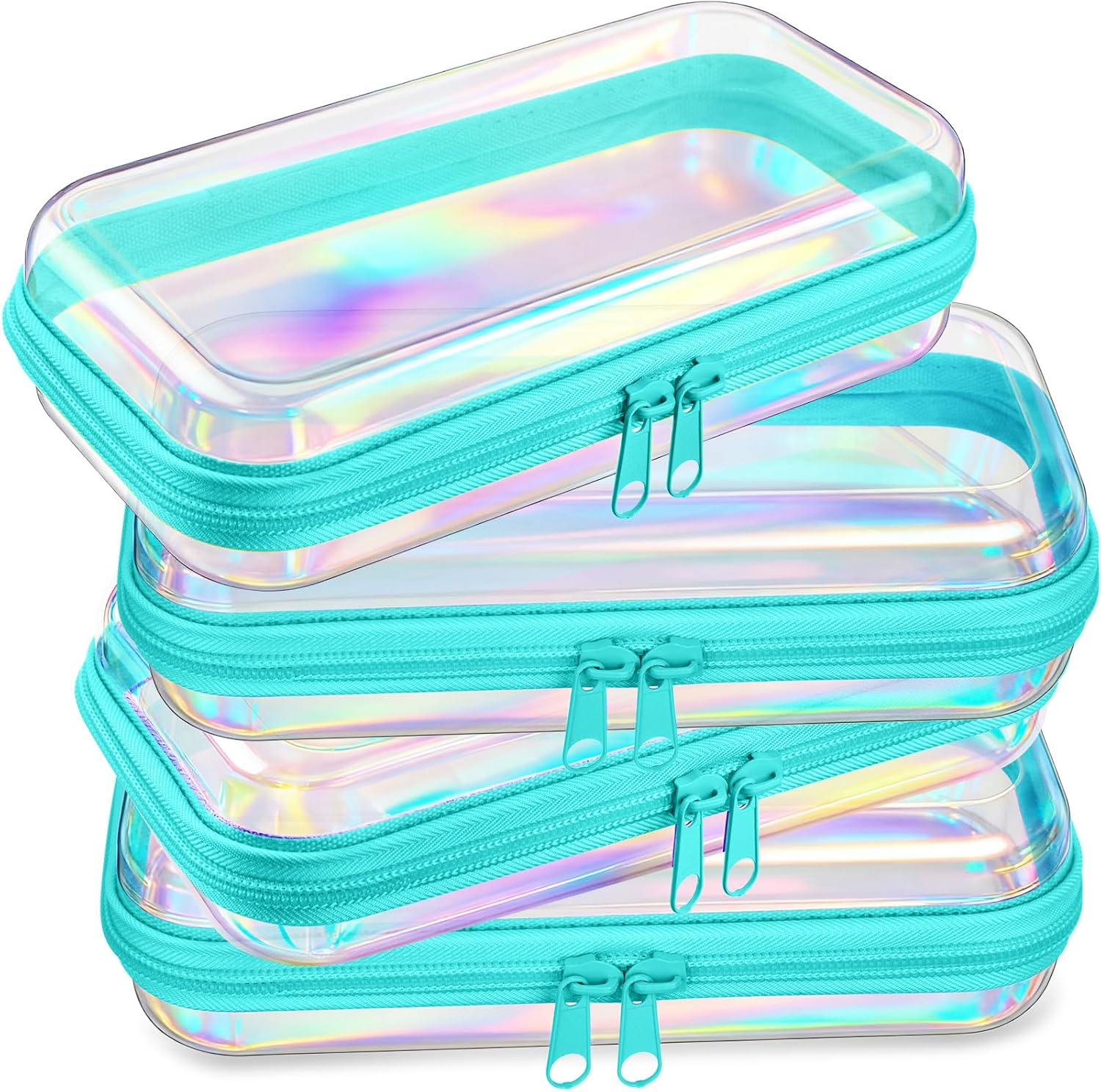 Hoolerry 4 Pcs Hard Clear Zipper Case Makeup Bags Plastic Pencil Pouch Transparent Storage Box Containers for Cosmetics, Snacks, Building Blocks, Puzzles(Blue Laser,7.5 x 3.9 x 2 in)-FemmiqueWomen