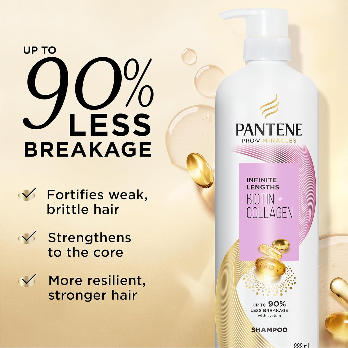 Pantene Infinite Lengths Shampoo, Sulfate Free with Biotin + Collagen, Strengthens Brittle Hair, Up to 90% Less Breakage, Safe for Color Treated Hair, Pro-V Miracles, Floral Scent, 30 Fl Oz-FemmiqueWomen