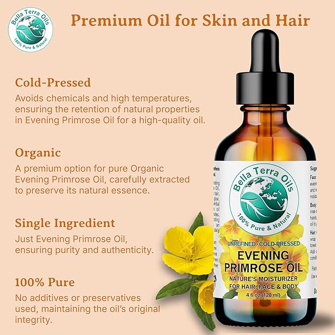 Bella Terra Oils - Organic Evening Primrose Oil 8 oz - Harvested for Excellence, Packed with Nutrients & Omega-6, Perfect Elixir for Enhancing Natural Beauty-FemmiqueWomen