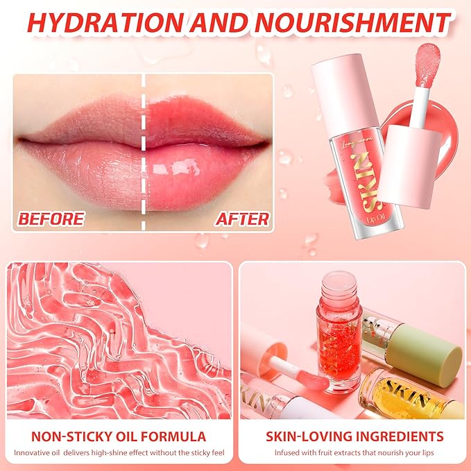 2Pack Non-sticky Lip Oil, Moisturizing Glossy/Shiny Lip Gloss Oil PlumpingTint, Hydrating Lip Gloss Lip Balm, Long Lasting Nourishing Fruit Flavoure Lip Oils(Strawberry + Coconut)-FemmiqueWomen