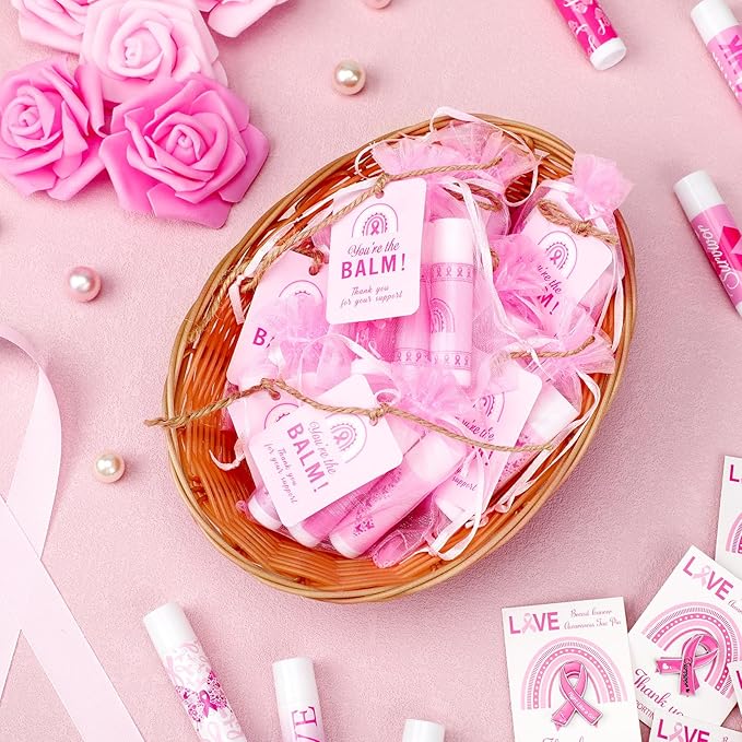 100 Set Pink Ribbon Breast Cancer Awareness Gifts Bulk, 100 Lip Balms, 100 Organza Gift Bags and 100 Tags Perfect for Charity Events, Survivors Awareness Campaigns-FemmiqueWomen