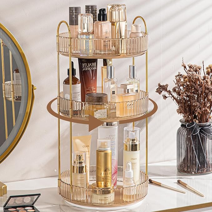 Rotating Makeup Organizer for Vanity, High-Capacity Skincare Clear Make Up Storage Perfume Organizers Cosmetic Dresser Organizer Countertop 360 Spinning (Gold, 3 Tier)-FemmiqueWomen
