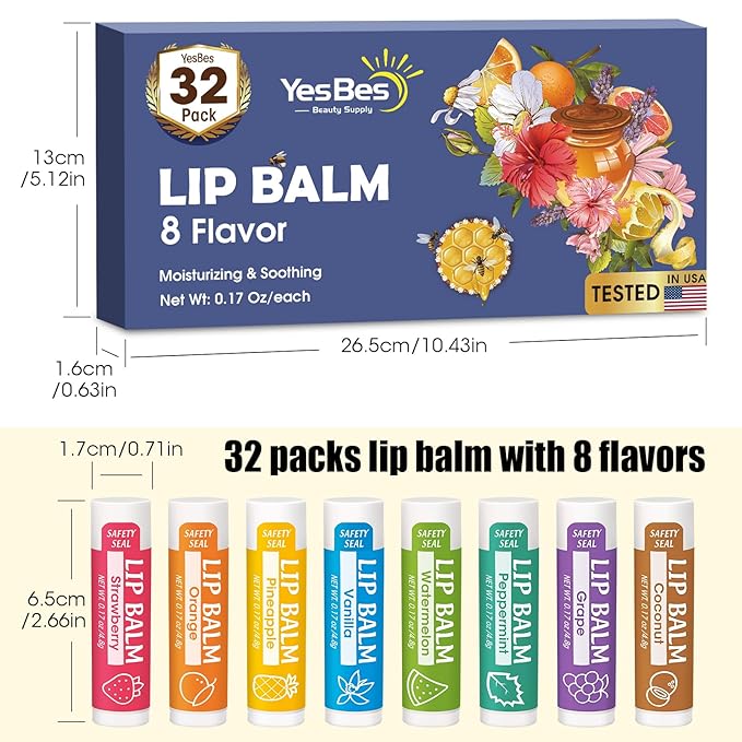 32 Pack Lip Balm, Natural Lip Balm Bulk with Vitamin E and Coconut Oil, Moisturizing Lip Balm for Dry Cracked Lips, Lip Balm for Stocking Stuffers - 8 Flavors-FemmiqueWomen