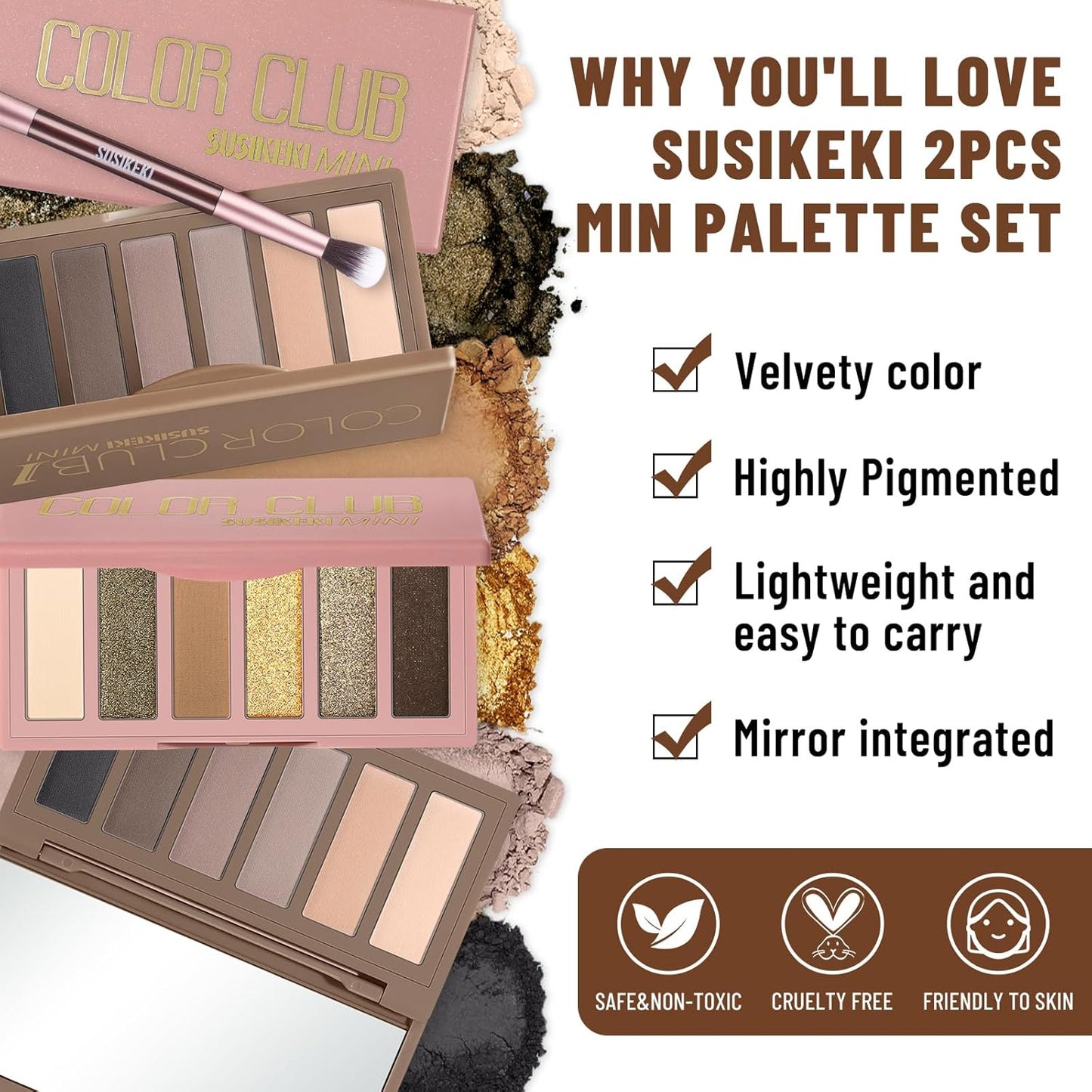 2PCS 6 Colors Mini Eyeshadow Palette Makeup with Brush Set Neutral Nude Eye Shadow Brown & Olive-colored Matte Shimmer Make Up Pallet with Mirror Highly Pigmented Travel Size Gift Kit-FemmiqueWomen